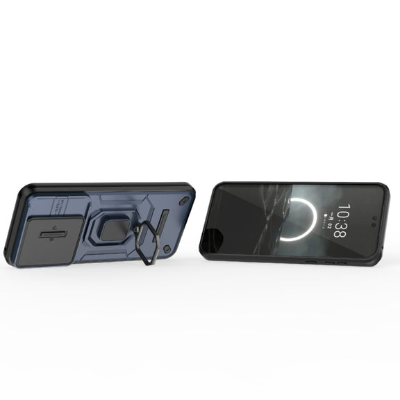 For Huawei Pura 70 Sliding Camshield TPU + PC Shockproof Phone Case with Holder(Blue)