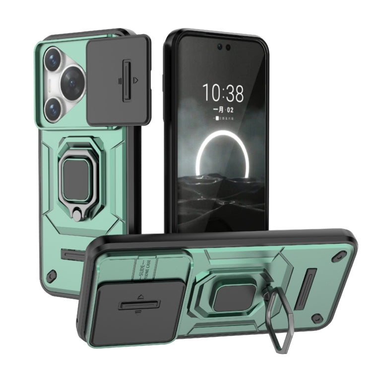 For Huawei Pura 70 Sliding Camshield TPU + PC Shockproof Phone Case with Holder(Green)
