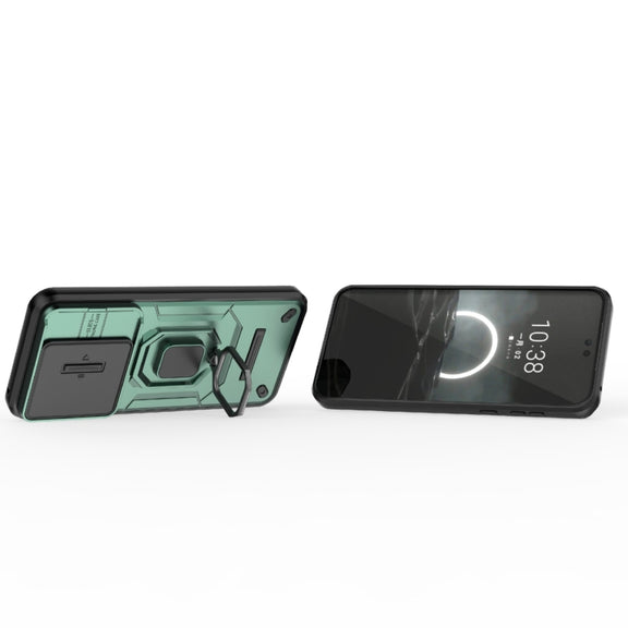For Huawei Pura 70 Sliding Camshield TPU + PC Shockproof Phone Case with Holder(Green)