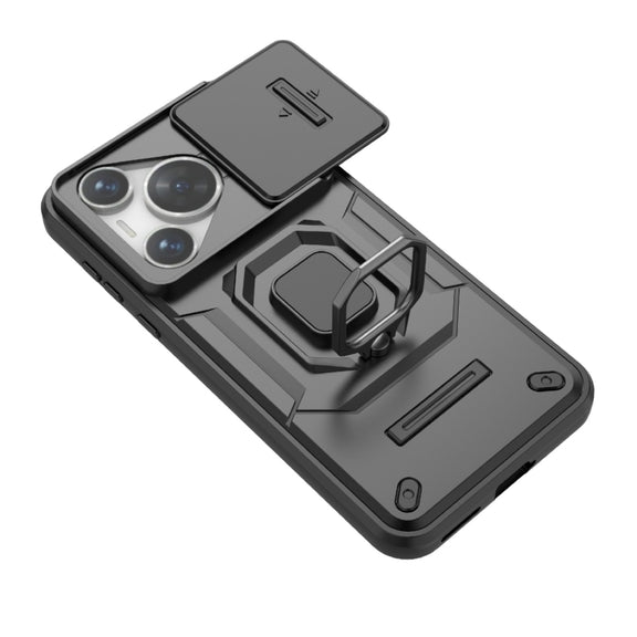 For Huawei Pura 70 Sliding Camshield TPU + PC Shockproof Phone Case with Holder(Green)