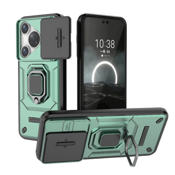 For Huawei Pura 70 Sliding Camshield TPU + PC Shockproof Phone Case with Holder(Green)
