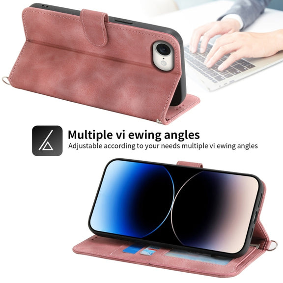 For iPhone 16e Skin-feel Flowers Embossed Wallet Leather Phone Case(Pink)