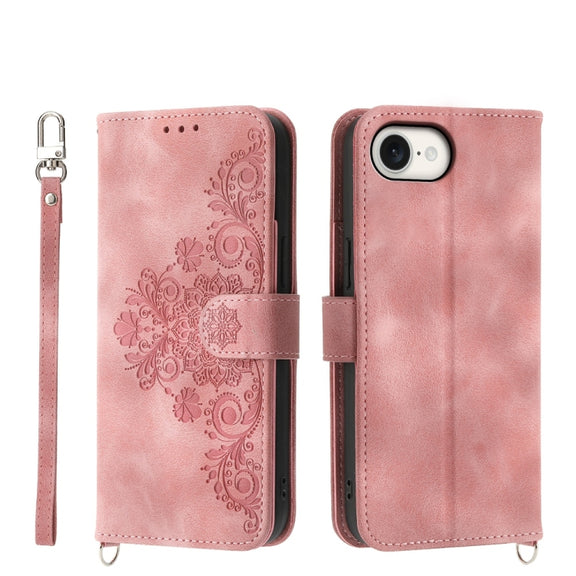 For iPhone 16e Skin-feel Flowers Embossed Wallet Leather Phone Case(Pink)
