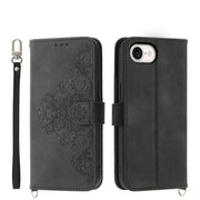 For iPhone 16e Skin-feel Flowers Embossed Wallet Leather Phone Case(Black)
