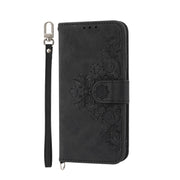 For iPhone 16e Skin-feel Flowers Embossed Wallet Leather Phone Case(Black)