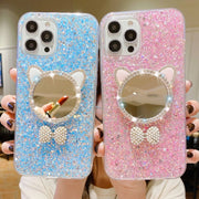 For iPhone 13 Pro Max Starry Sequin Diamond Cat Ears Mirror Epoxy TPU Phone Case(Yellow)