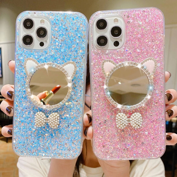 For iPhone 13 Pro Max Starry Sequin Diamond Cat Ears Mirror Epoxy TPU Phone Case(Yellow)