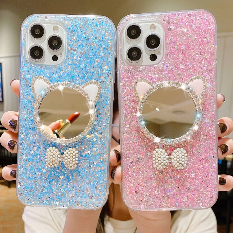 For iPhone 13 Pro Max Starry Sequin Diamond Cat Ears Mirror Epoxy TPU Phone Case(Yellow)