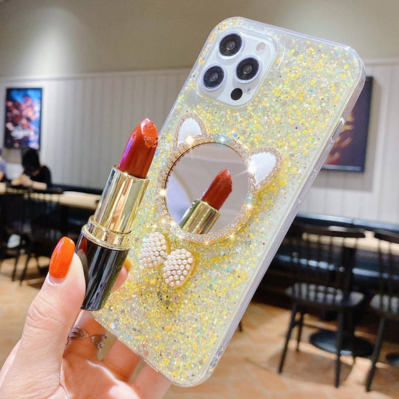 For iPhone 13 Pro Max Starry Sequin Diamond Cat Ears Mirror Epoxy TPU Phone Case(Yellow)
