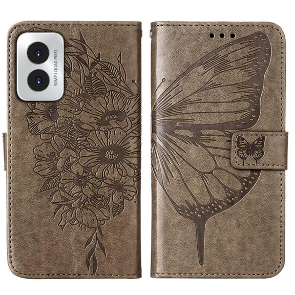 For Motorola Moto G Play 4G 2024 Embossed Butterfly Leather Phone Case(Grey)