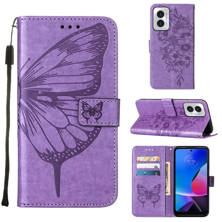 For Motorola Moto G Play 4G 2024 Embossed Butterfly Leather Phone Case(Purple)