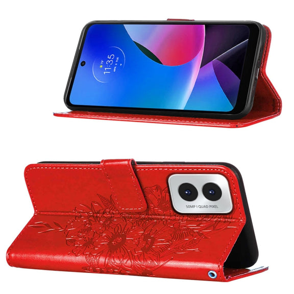 For Motorola Moto G Play 4G 2024 Embossed Butterfly Leather Phone Case(Red)