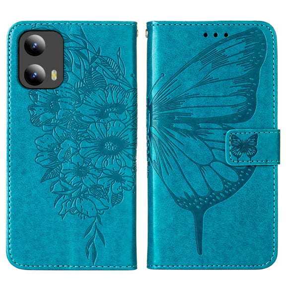 For Motorola Moto G Play 5G 2024 Embossed Butterfly Leather Phone Case(Blue)