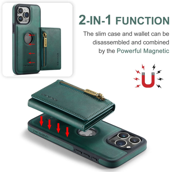 For iPhone 15 Pro Max DG.MING M5 Series Zip RFID Multi Card Detachable Leather Phone Case(Green)