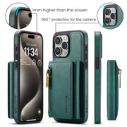 For iPhone 15 Pro Max DG.MING M5 Series Zip RFID Multi Card Detachable Leather Phone Case(Green)