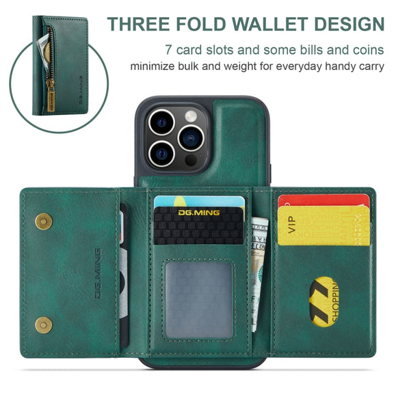 For iPhone 15 Pro Max DG.MING M5 Series Zip RFID Multi Card Detachable Leather Phone Case(Green)