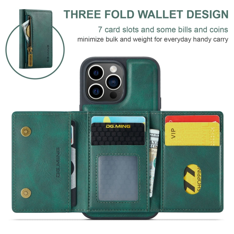 For iPhone 15 Pro Max DG.MING M5 Series Zip RFID Multi Card Detachable Leather Phone Case(Green)