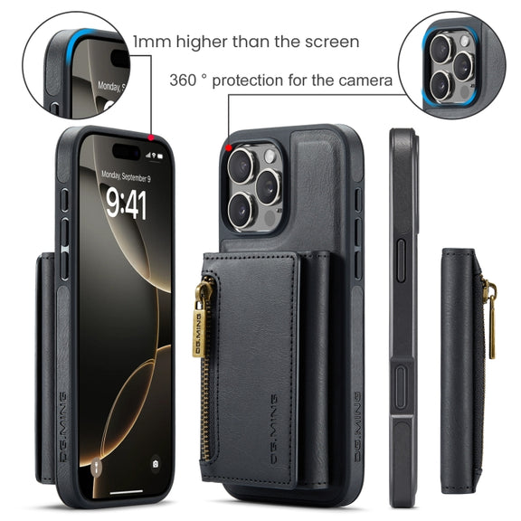 For iPhone 16 Pro Max DG.MING M5 Series Zip RFID Multi Card Detachable Leather Phone Case(Black)