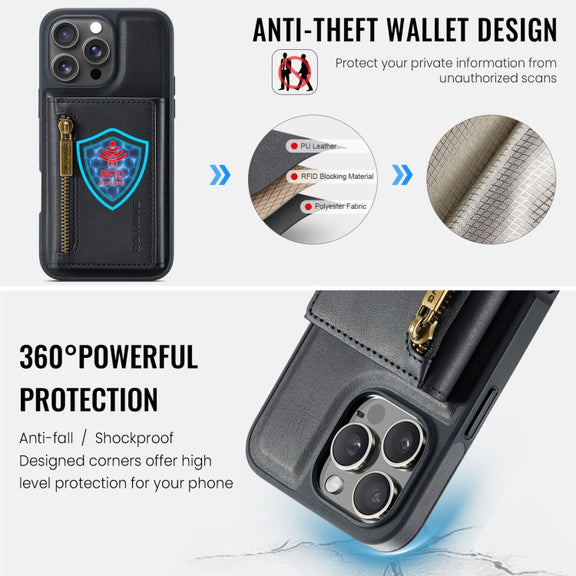 For iPhone 16 Pro Max DG.MING M5 Series Zip RFID Multi Card Detachable Leather Phone Case(Black)