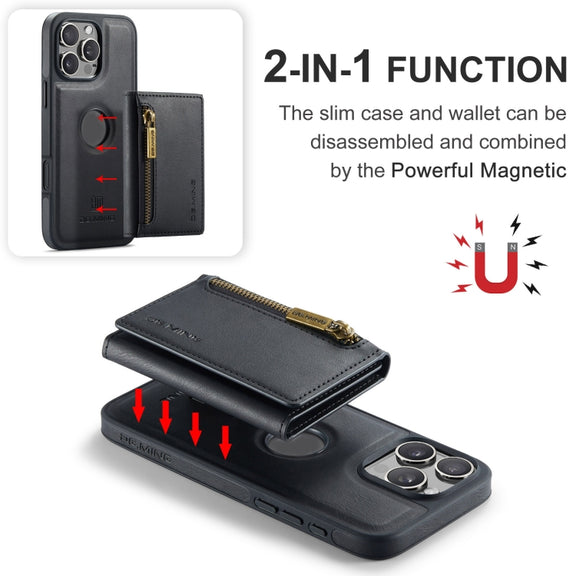 For iPhone 16 Pro Max DG.MING M5 Series Zip RFID Multi Card Detachable Leather Phone Case(Black)