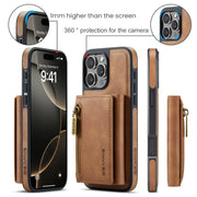 For iPhone 16 Pro Max DG.MING M5 Series Zip RFID Multi Card Detachable Leather Phone Case(Brown)
