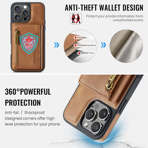 For iPhone 16 Pro Max DG.MING M5 Series Zip RFID Multi Card Detachable Leather Phone Case(Brown)