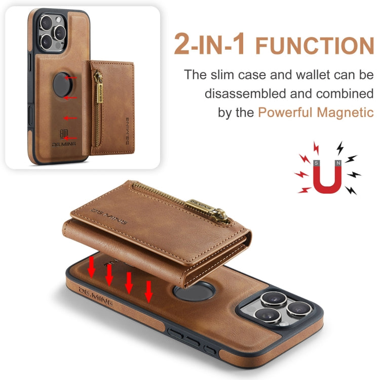 For iPhone 16 Pro Max DG.MING M5 Series Zip RFID Multi Card Detachable Leather Phone Case(Brown)