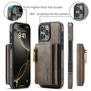 For iPhone 16 Pro Max DG.MING M5 Series Zip RFID Multi Card Detachable Leather Phone Case(Coffee)