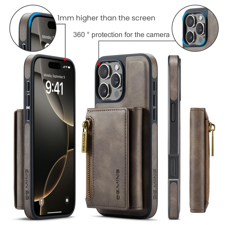 For iPhone 16 Pro Max DG.MING M5 Series Zip RFID Multi Card Detachable Leather Phone Case(Coffee)