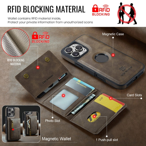 For iPhone 16 Pro Max DG.MING M5 Series Zip RFID Multi Card Detachable Leather Phone Case(Coffee)