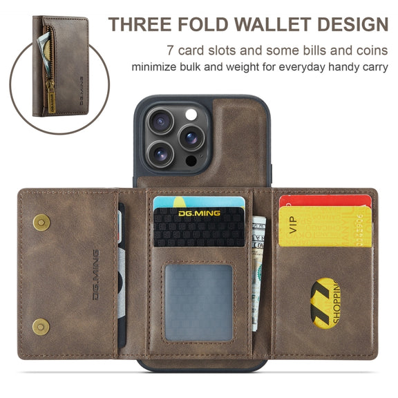 For iPhone 16 Pro Max DG.MING M5 Series Zip RFID Multi Card Detachable Leather Phone Case(Coffee)