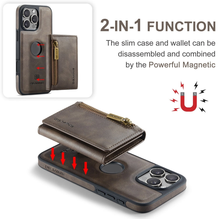 For iPhone 16 Pro Max DG.MING M5 Series Zip RFID Multi Card Detachable Leather Phone Case(Coffee)