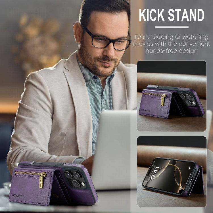 For iPhone 16 Pro Max DG.MING M5 Series Zip RFID Multi Card Detachable Leather Phone Case(Purple)