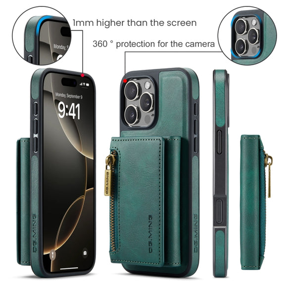 For iPhone 16 Pro Max DG.MING M5 Series Zip RFID Multi Card Detachable Leather Phone Case(Green)