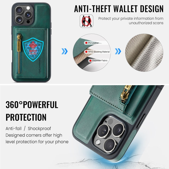 For iPhone 16 Pro Max DG.MING M5 Series Zip RFID Multi Card Detachable Leather Phone Case(Green)