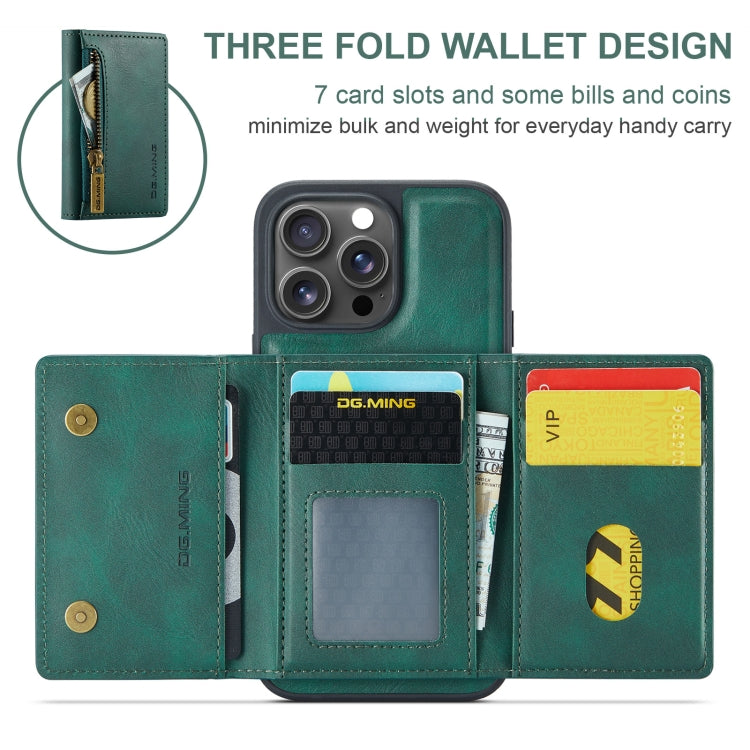 For iPhone 16 Pro Max DG.MING M5 Series Zip RFID Multi Card Detachable Leather Phone Case(Green)