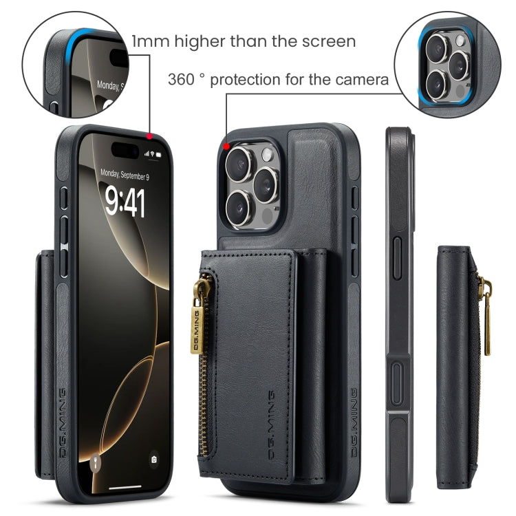 For iPhone 16 Pro DG.MING M5 Series Zip RFID Multi Card Detachable Leather Phone Case(Black)