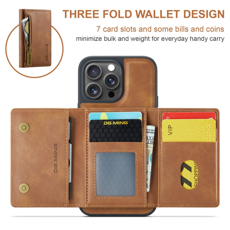 For iPhone 16 Pro DG.MING M5 Series Zip RFID Multi Card Detachable Leather Phone Case(Brown)