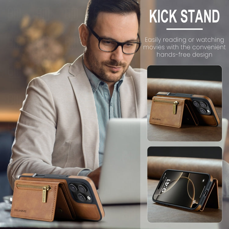 For iPhone 16 Pro DG.MING M5 Series Zip RFID Multi Card Detachable Leather Phone Case(Brown)