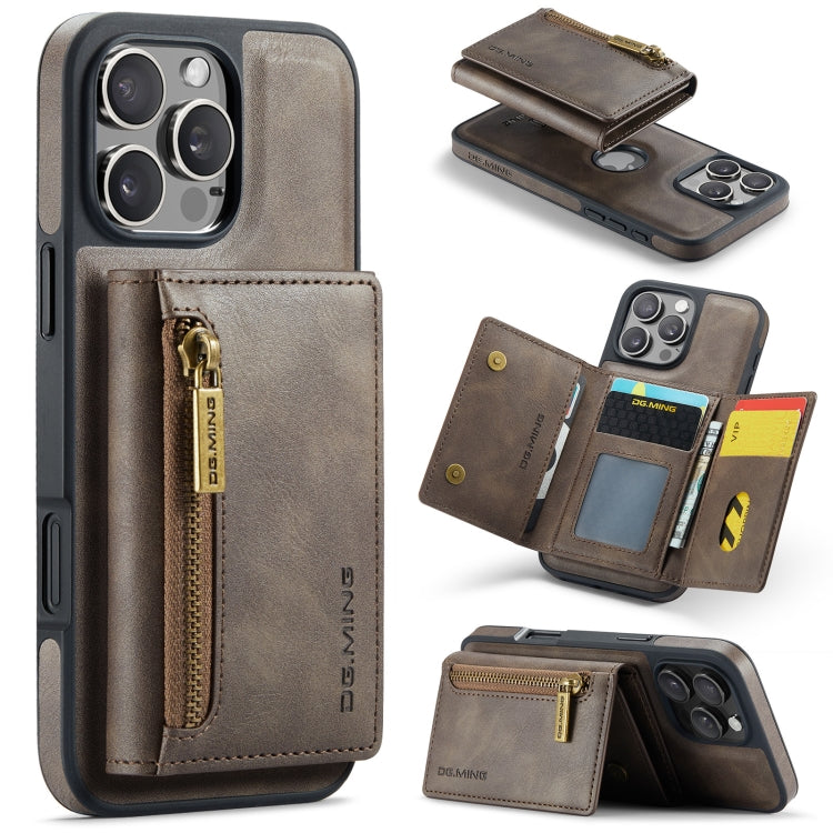 For iPhone 16 Pro DG.MING M5 Series Zip RFID Multi Card Detachable Leather Phone Case(Coffee)