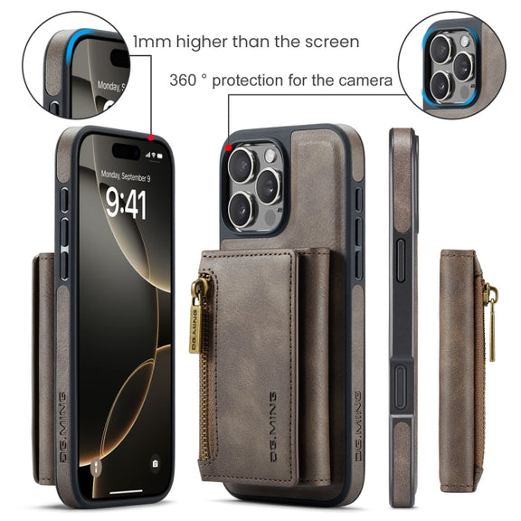For iPhone 16 Pro DG.MING M5 Series Zip RFID Multi Card Detachable Leather Phone Case(Coffee)