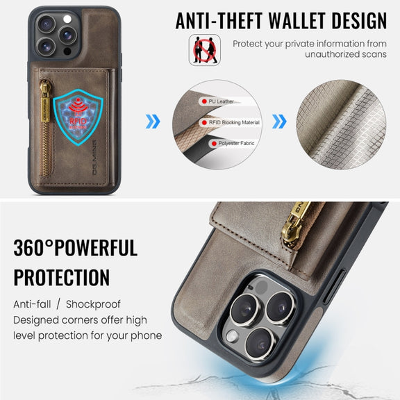 For iPhone 16 Pro DG.MING M5 Series Zip RFID Multi Card Detachable Leather Phone Case(Coffee)