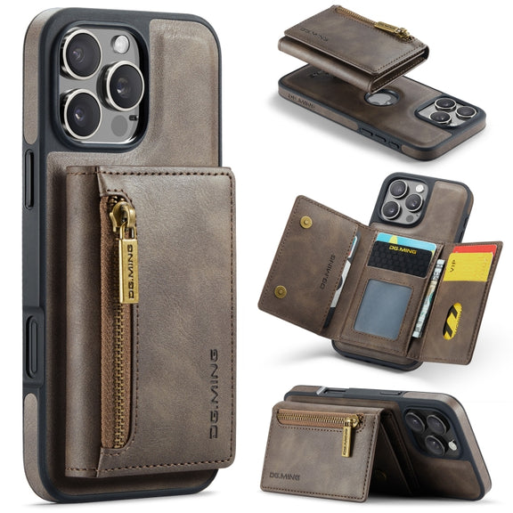 For iPhone 16 Pro DG.MING M5 Series Zip RFID Multi Card Detachable Leather Phone Case(Coffee)