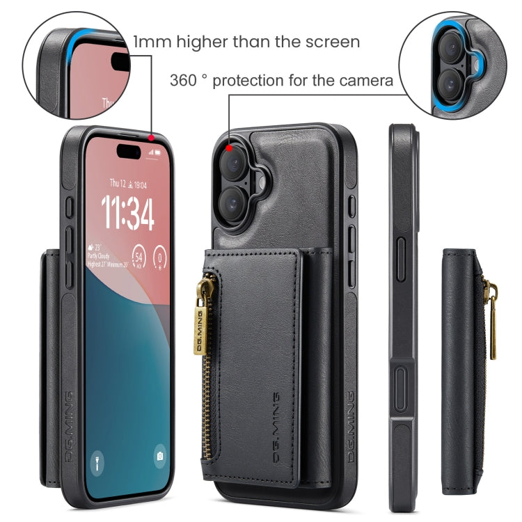 For iPhone 16 Plus DG.MING M5 Series Zip RFID Multi Card Detachable Leather Phone Case(Black)