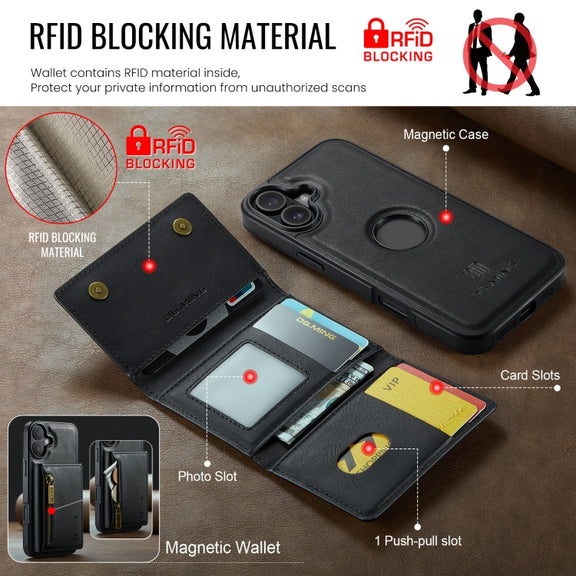 For iPhone 16 Plus DG.MING M5 Series Zip RFID Multi Card Detachable Leather Phone Case(Black)