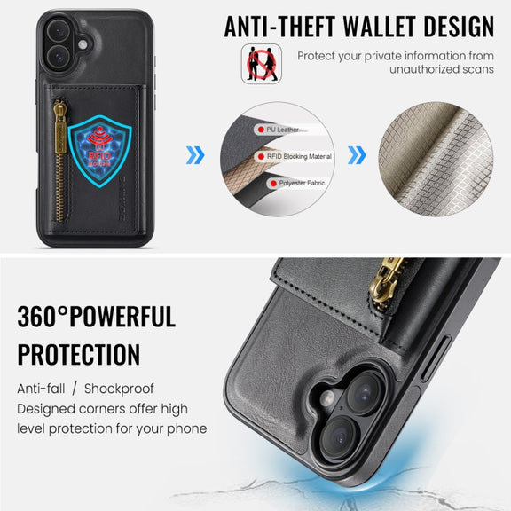 For iPhone 16 Plus DG.MING M5 Series Zip RFID Multi Card Detachable Leather Phone Case(Black)
