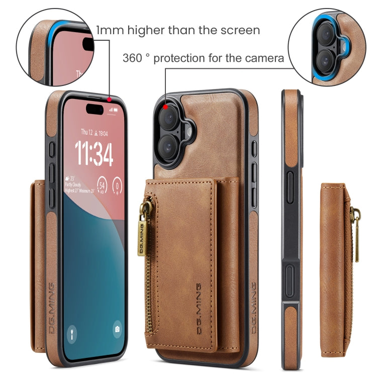For iPhone 16 Plus DG.MING M5 Series Zip RFID Multi Card Detachable Leather Phone Case(Brown)