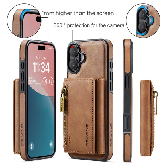 For iPhone 16 Plus DG.MING M5 Series Zip RFID Multi Card Detachable Leather Phone Case(Brown)