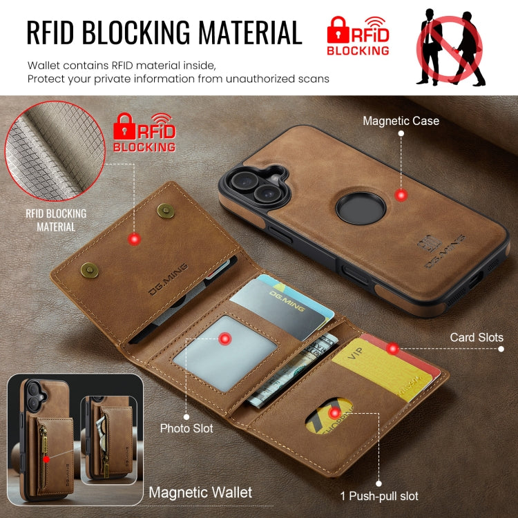 For iPhone 16 Plus DG.MING M5 Series Zip RFID Multi Card Detachable Leather Phone Case(Brown)