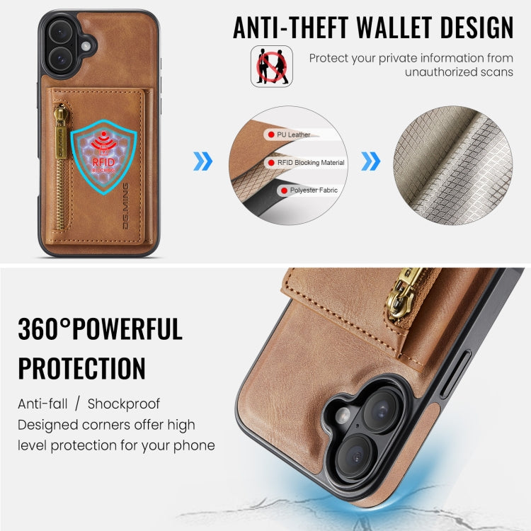 For iPhone 16 Plus DG.MING M5 Series Zip RFID Multi Card Detachable Leather Phone Case(Brown)